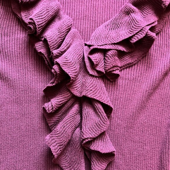 Trina Turk Ribbed Ruffle Trim V-Neck Wine Pullover Cotton Blend Sweater - Picture 4 of 11